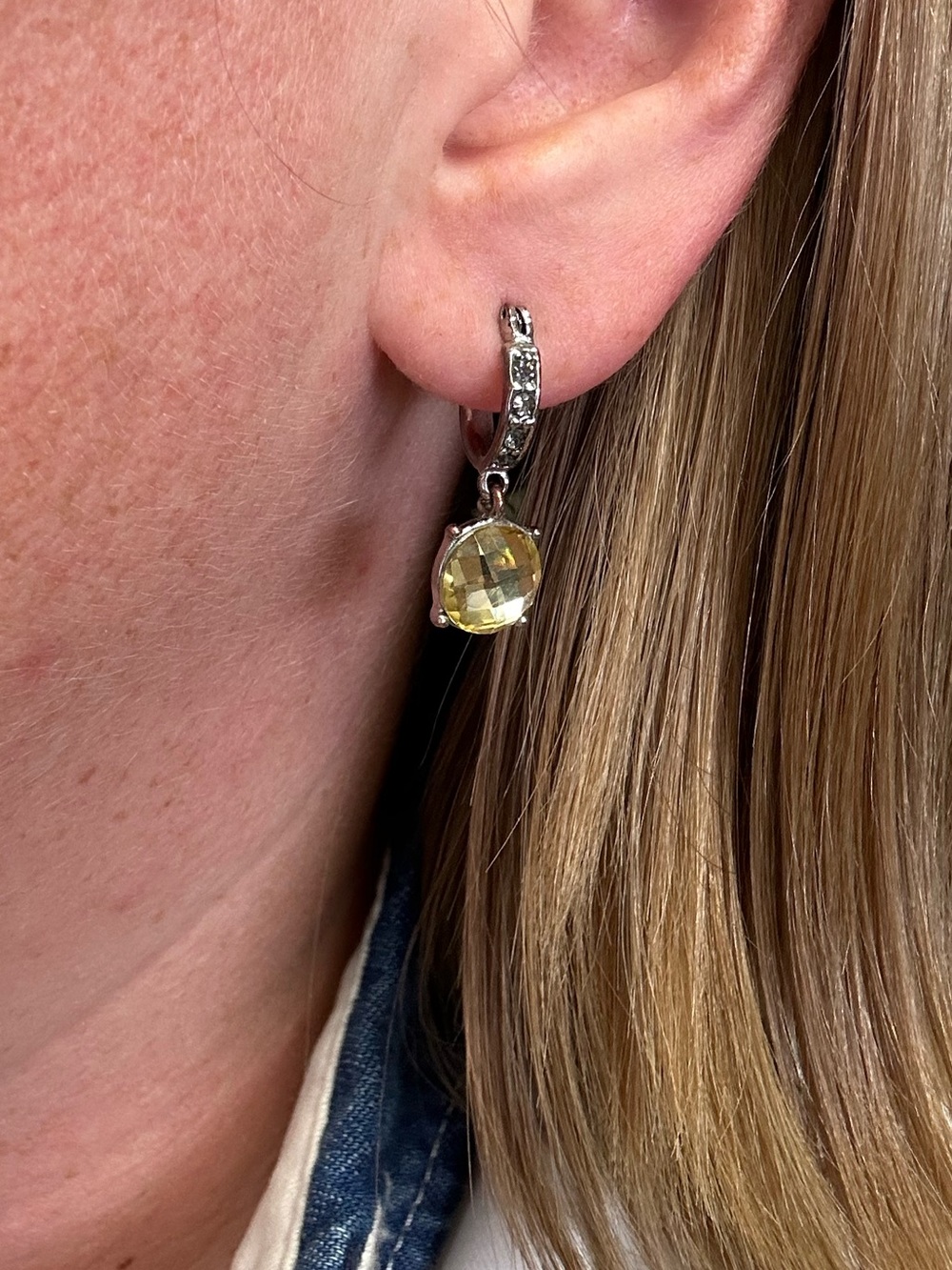 Silver Hoop Earrings with Yellow Gemstone Drop